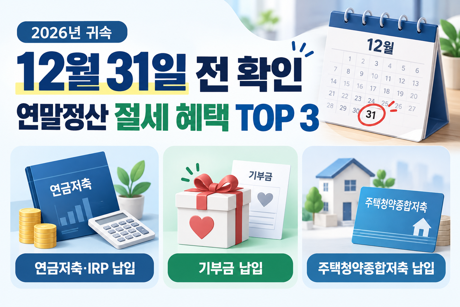 2026년 연말정산 절세혜택 TOP 3와 12월 31일 마감 안내